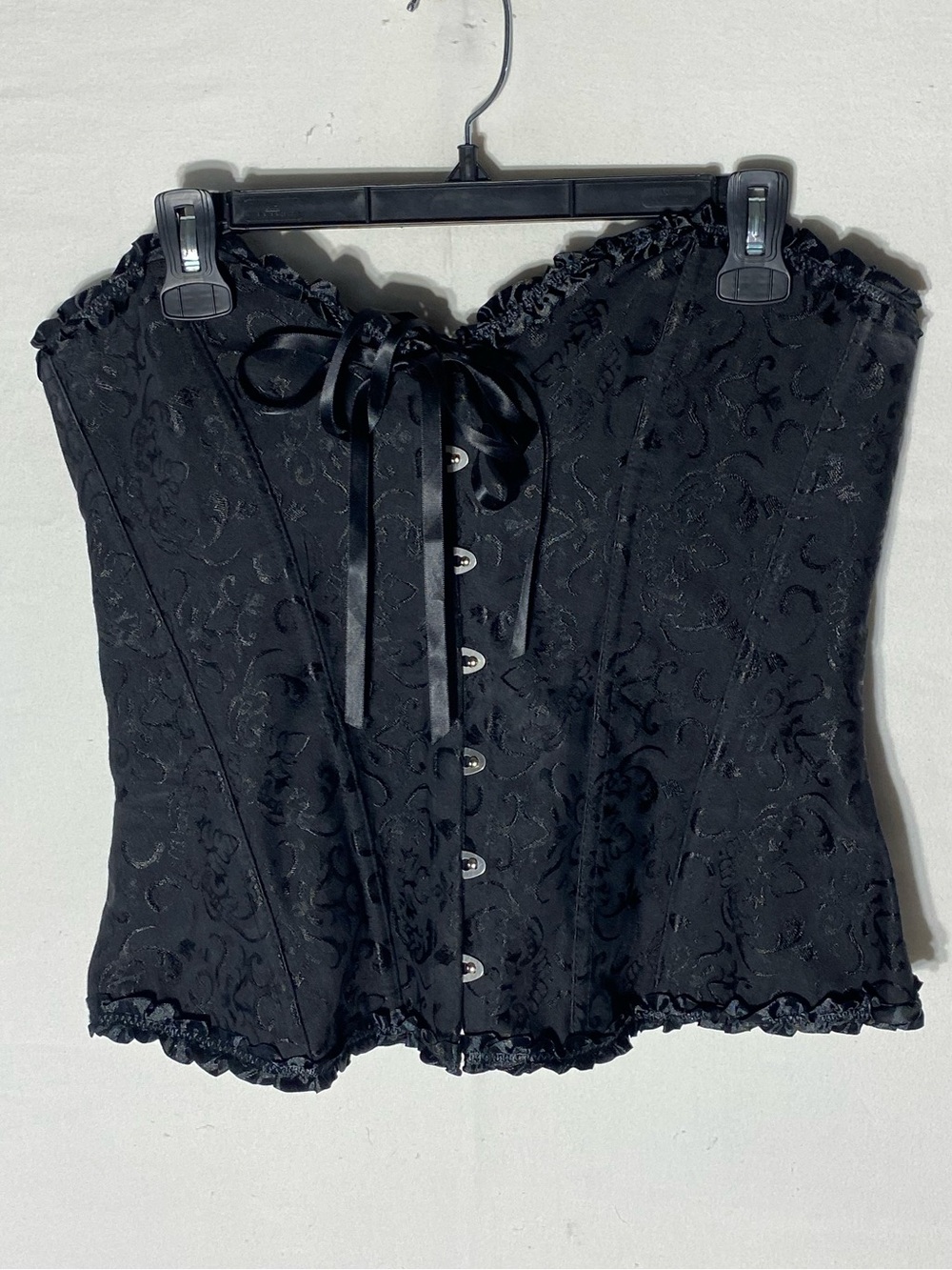 Black Brocade Floral Corset Top Ruffle Trim Busk Front Lace Up Plus Size 1X/2X